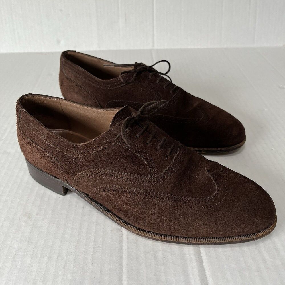 Bally Mens Sz 9.5 Brown Suede Wingtip Oxford Derby Brogue Shoes Made in Italy